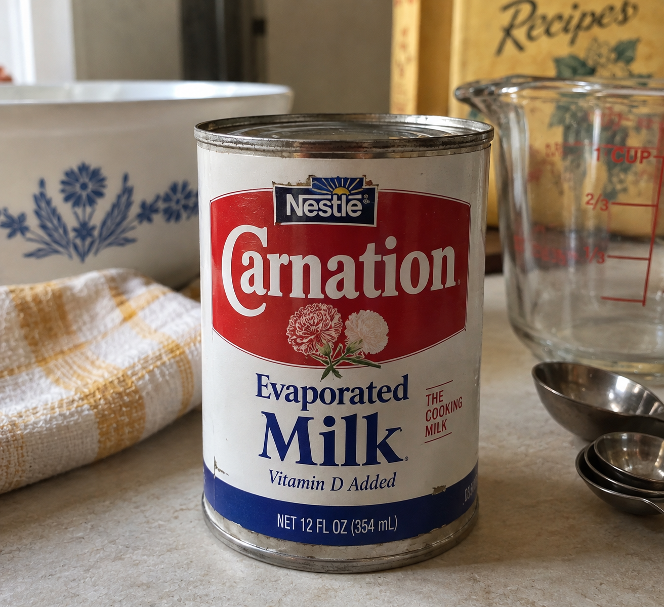 A can of Carnation evaporated milk sits on a kitchen counter beside a mixing bowl, a measuring cup, nested measuring spoons, and a yellow dish towel.