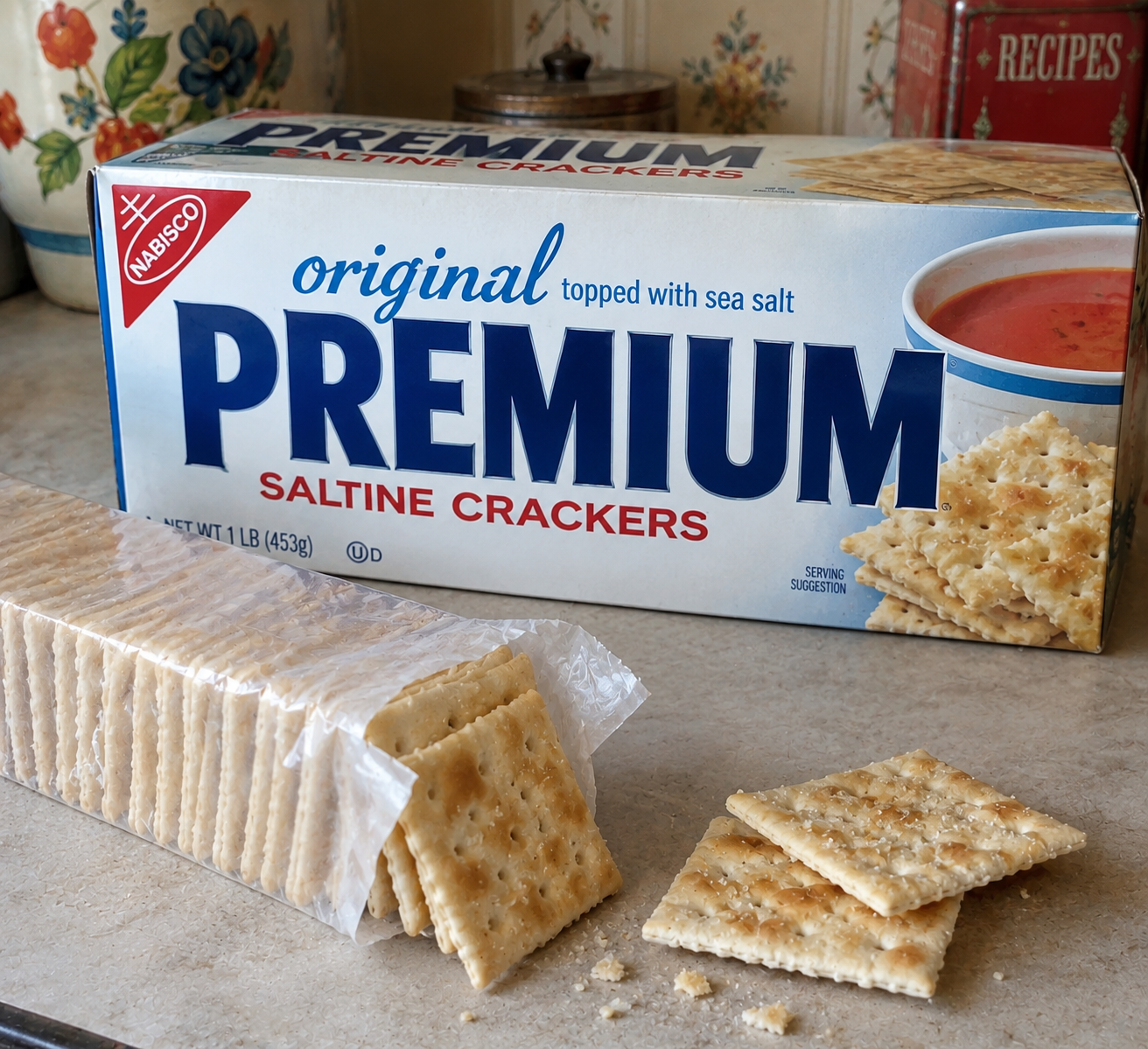 A box of Nabisco Premium Saltine Crackers sits on a kitchen counter with an open sleeve of crackers and a few loose crackers in front.