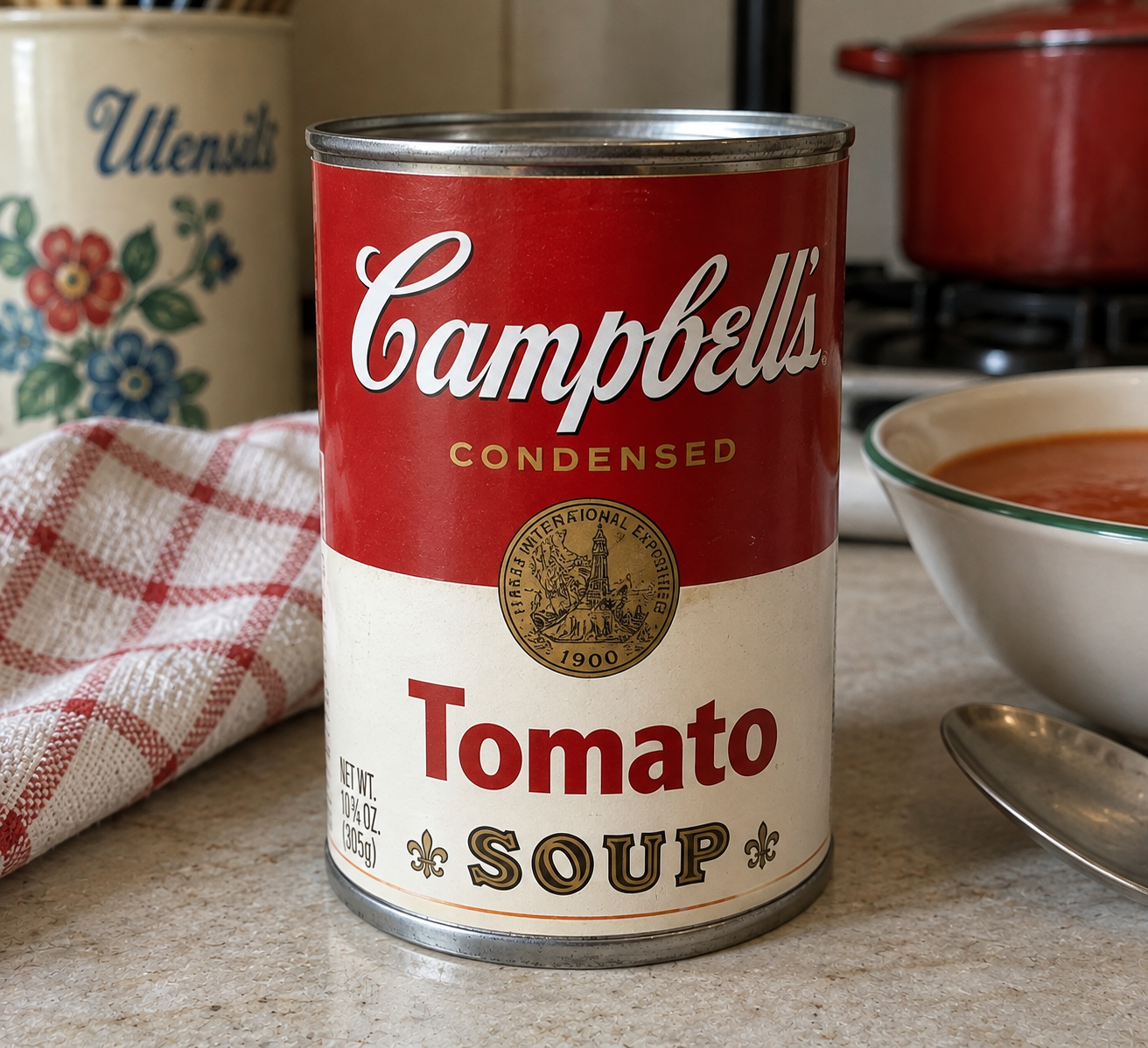 A can of Campbell’s condensed tomato soup sits on a kitchen counter next to a red-and-white towel, a bowl of soup, a spoon, and kitchen utensils in the background.
