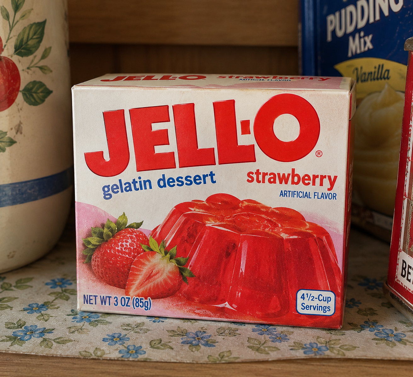 A box of Jell-O strawberry gelatin dessert with images of red gelatin and strawberries on the front, sitting on a wooden shelf.