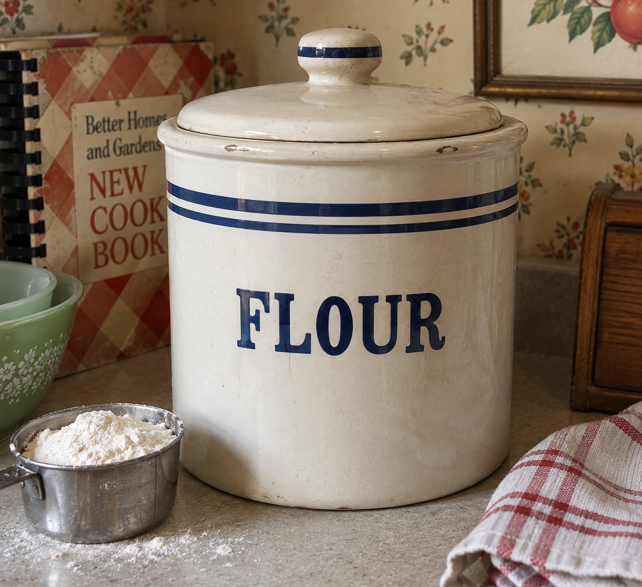 A large ceramic flour canister sits on a kitchen counter beside a metal measuring cup filled with flour, a vintage cookbook, a green bowl, and a red-checkered towel.