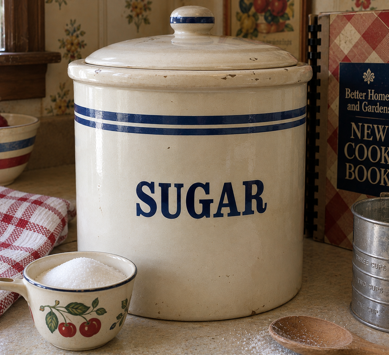 Large ceramic sugar canister with a blue stripe, next to a measuring cup of sugar, wooden spoon, red-checked towel, metal sifter, and a cookbook on a kitchen counter.