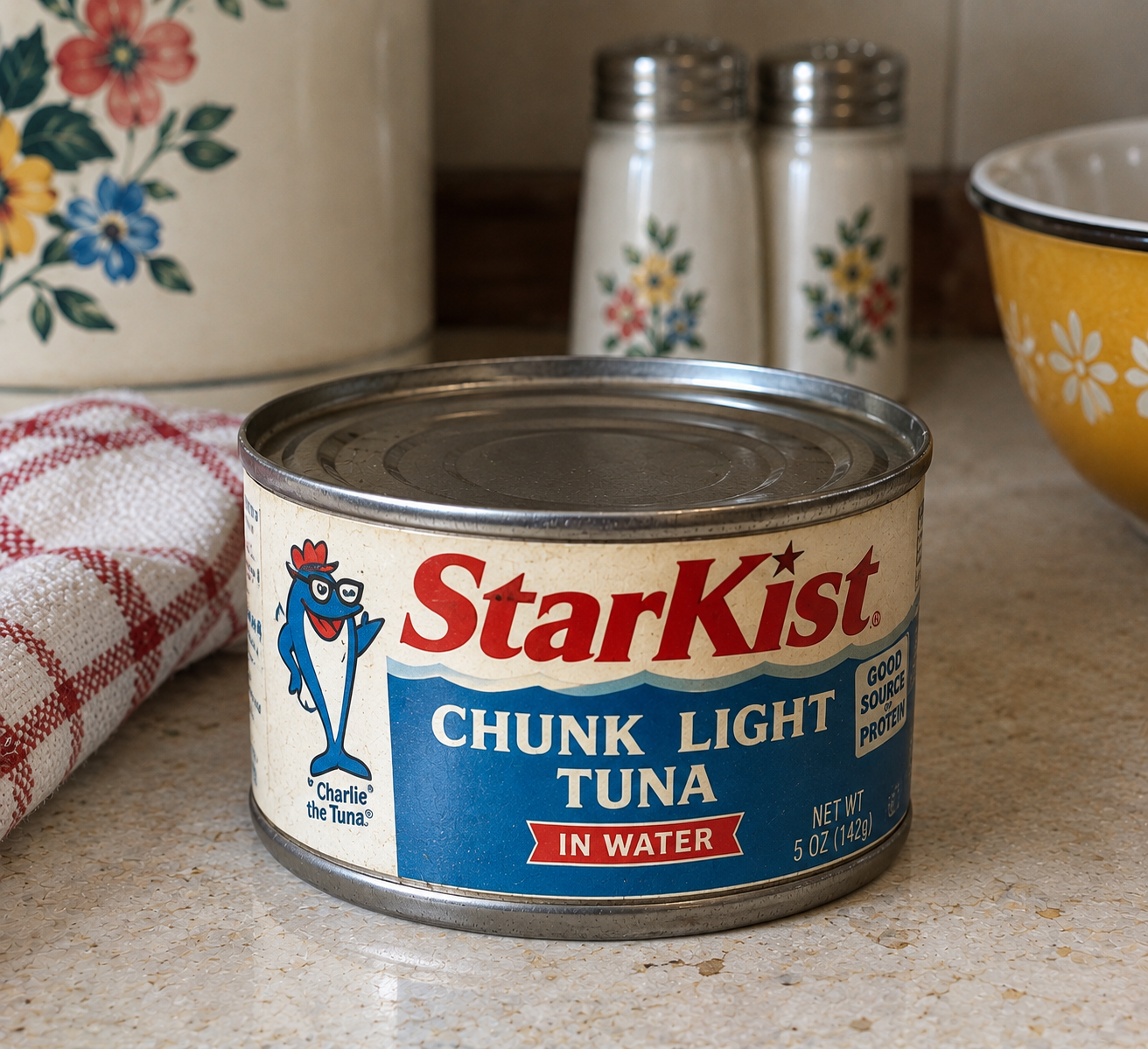 A can of StarKist Chunk Light Tuna in water on a kitchen counter, next to a red-striped towel, a floral container, salt and pepper shakers, and a yellow bowl. Grandma’s pantry staples.