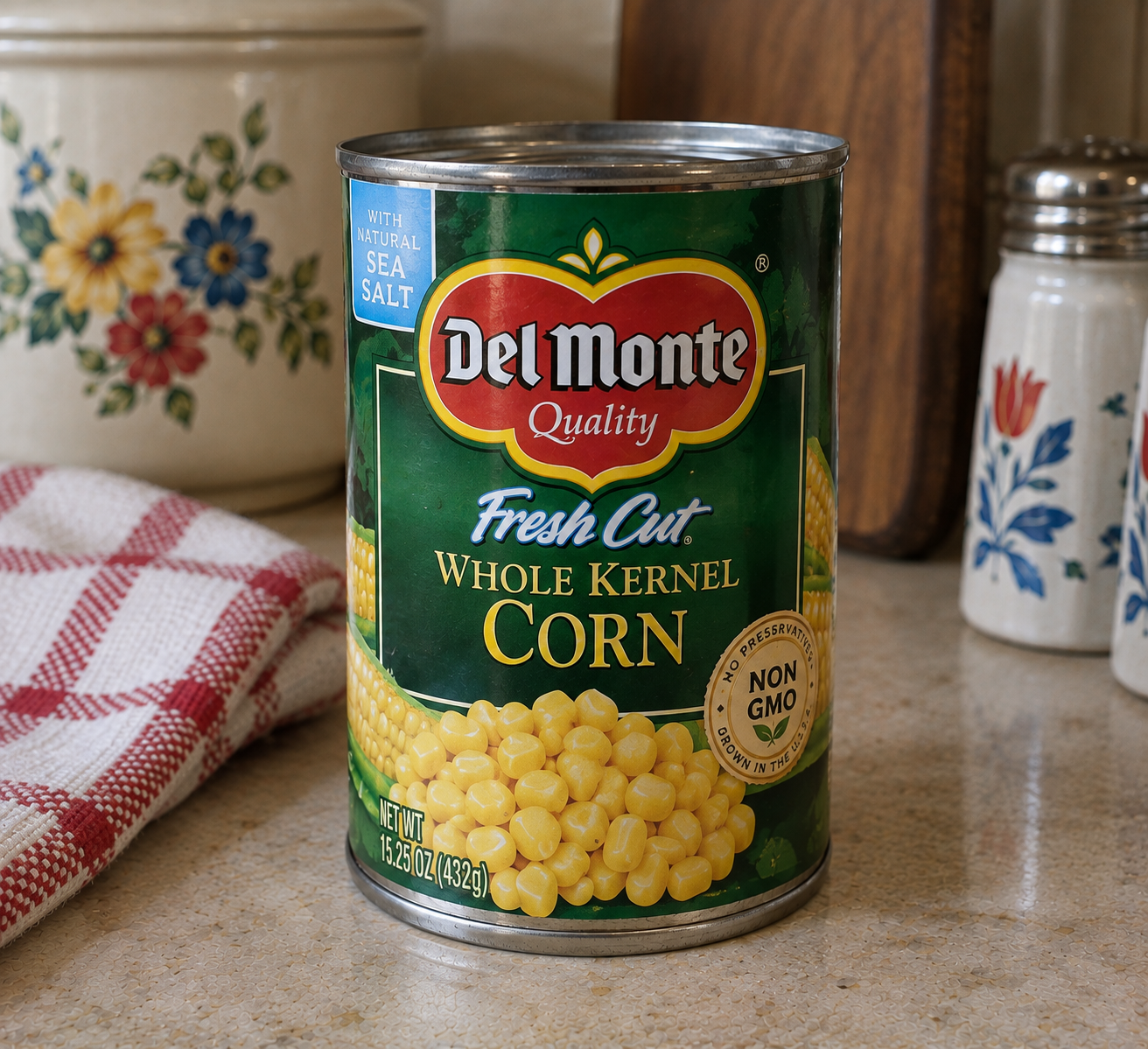A can of Del Monte Fresh Cut Whole Kernel Corn sits on a kitchen counter near a red-and-white towel, a floral canister, and salt and pepper shakers.