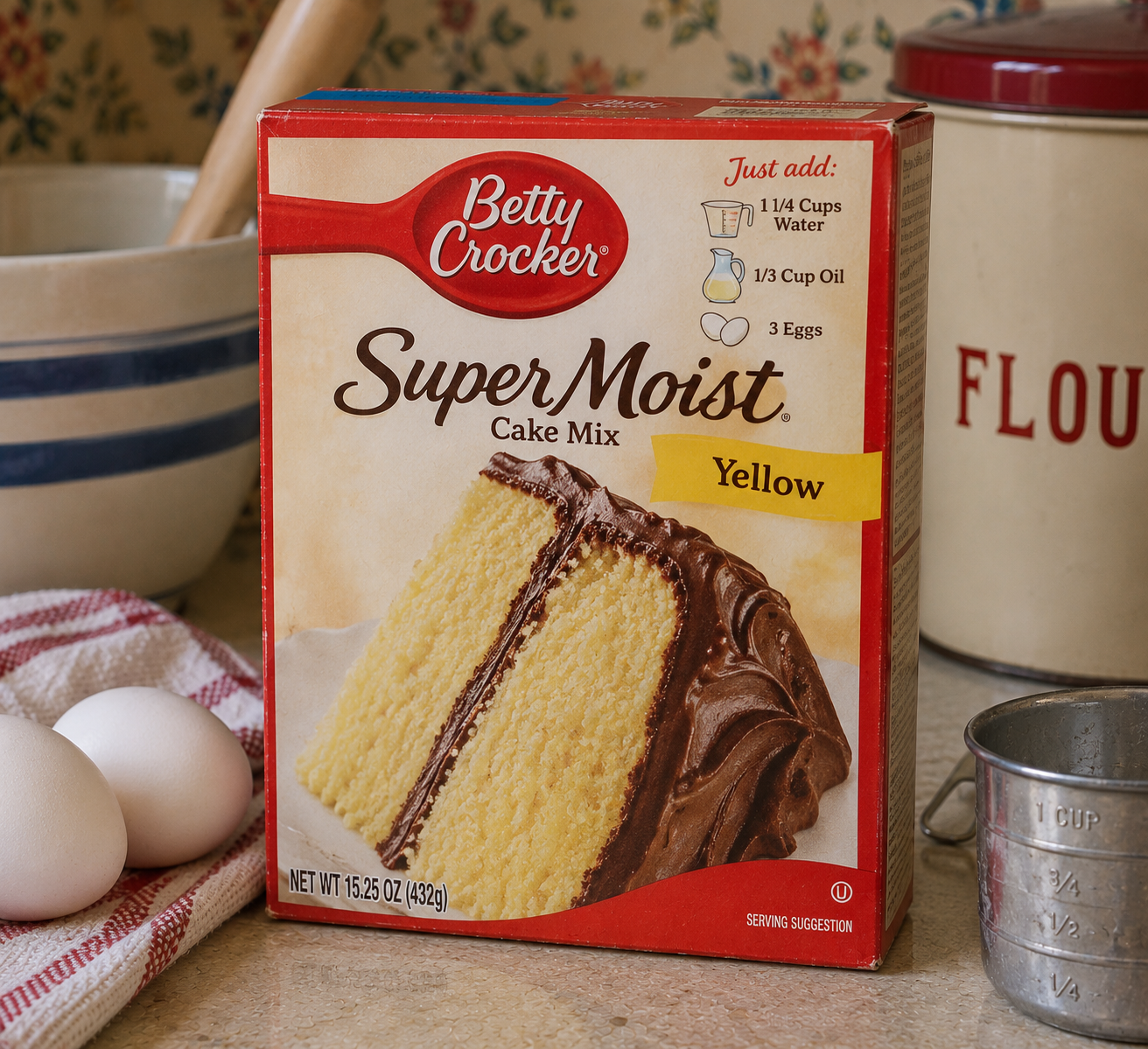 A box of Betty Crocker Super Moist Yellow Cake Mix sits on a kitchen counter next to eggs, a flour container, and a metal measuring cup. The box features an image of a frosted yellow cake.
