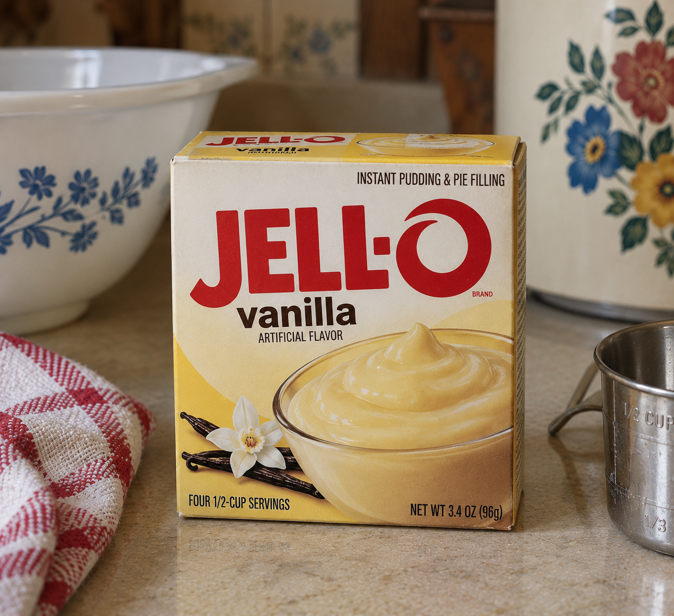 A box of Jell-O vanilla instant pudding and pie filling sits on a kitchen counter near a metal measuring cup, a red-striped towel, and a white bowl with a blue floral design.