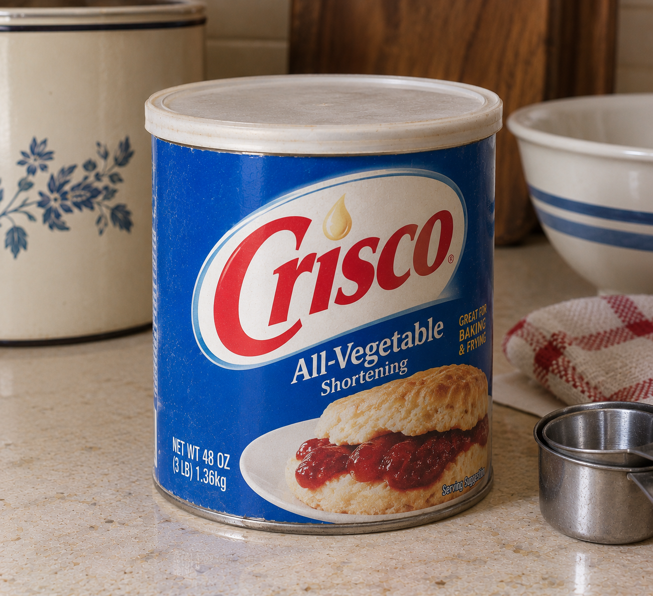 A can of Crisco all-vegetable shortening sits on a kitchen counter near a measuring cup, a patterned container, bowls, and a red-striped towel.