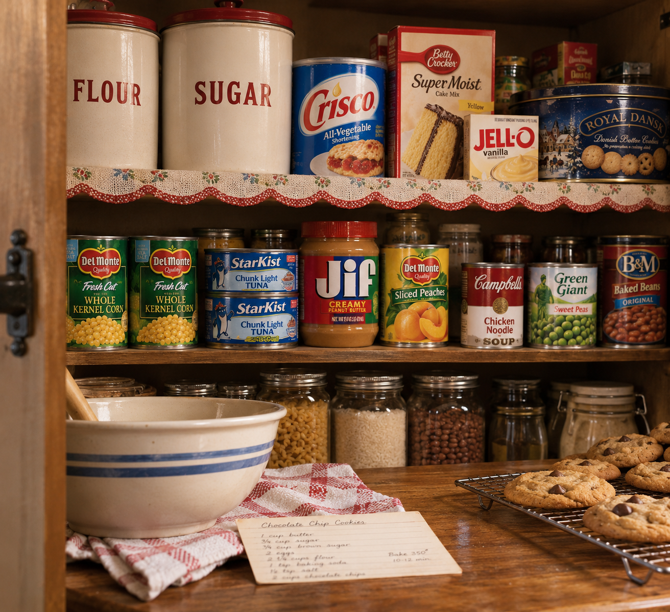 A pantry with labeled canisters, canned goods, baking supplies, and a bowl with a wooden spoon on a wooden counter. Fresh cookies and a handwritten recipe card are also visible.