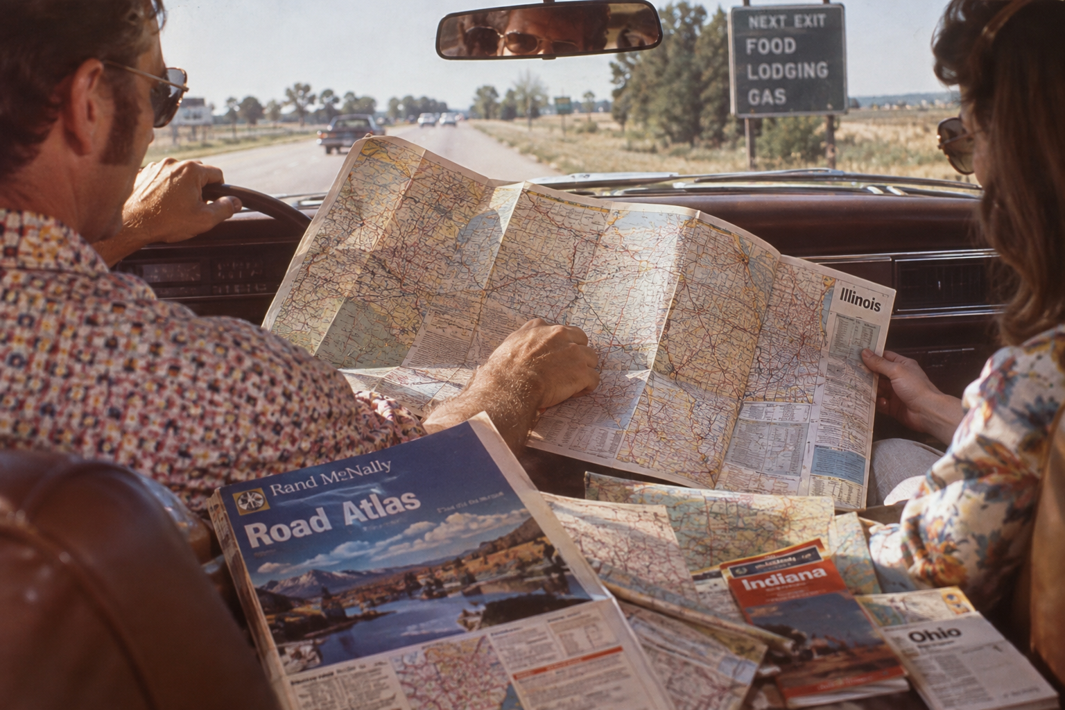 Two people sit in a car, looking at large road maps. A Road Atlas and state maps are on their laps. Outside, a highway sign reads “Next Exit Food Lodging Gas.” Sunlight streams through the windshield.