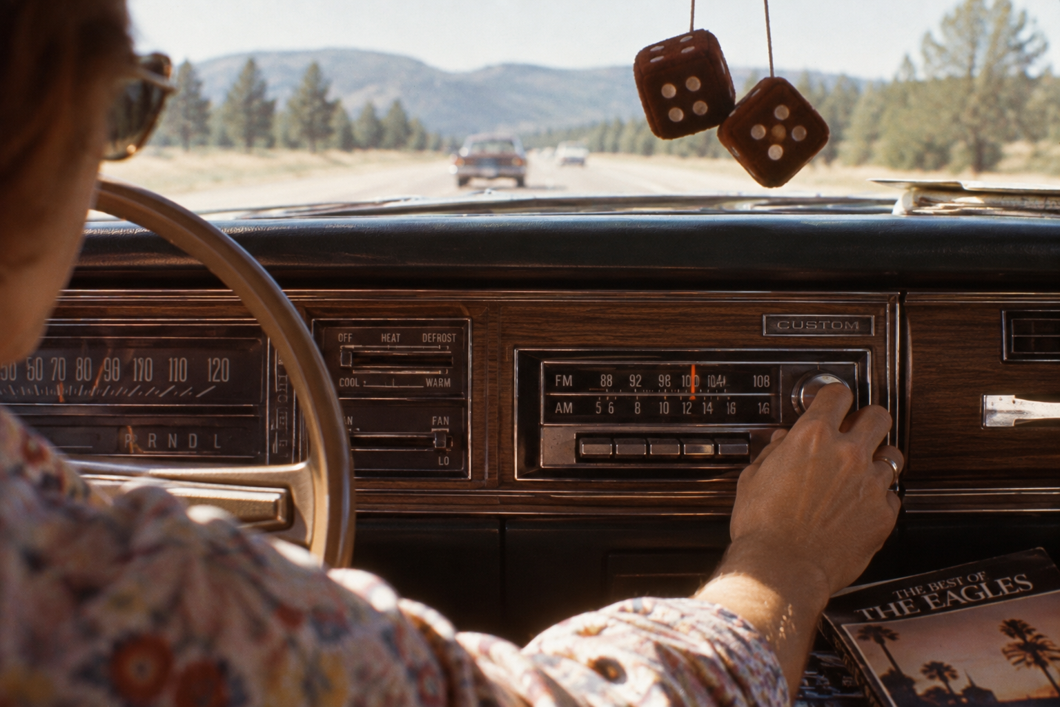 Person driving a vintage car, tuning the radio. Fuzzy dice hang from the mirror, and a “Best of The Eagles” CD case rests on the dashboard. Trees and mountains are visible through the windshield.