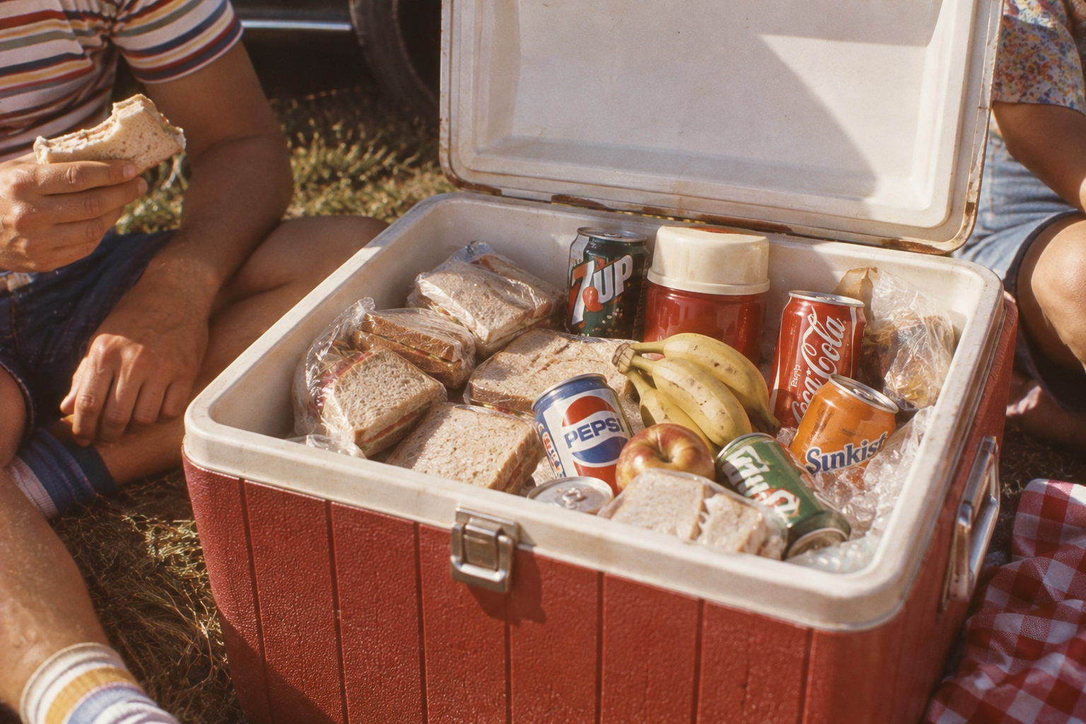 An open red cooler full of wrapped sandwiches, canned sodas, bananas, and a jar. Two people sit nearby, one holding a sandwich. The scene suggests a picnic or outdoor meal.