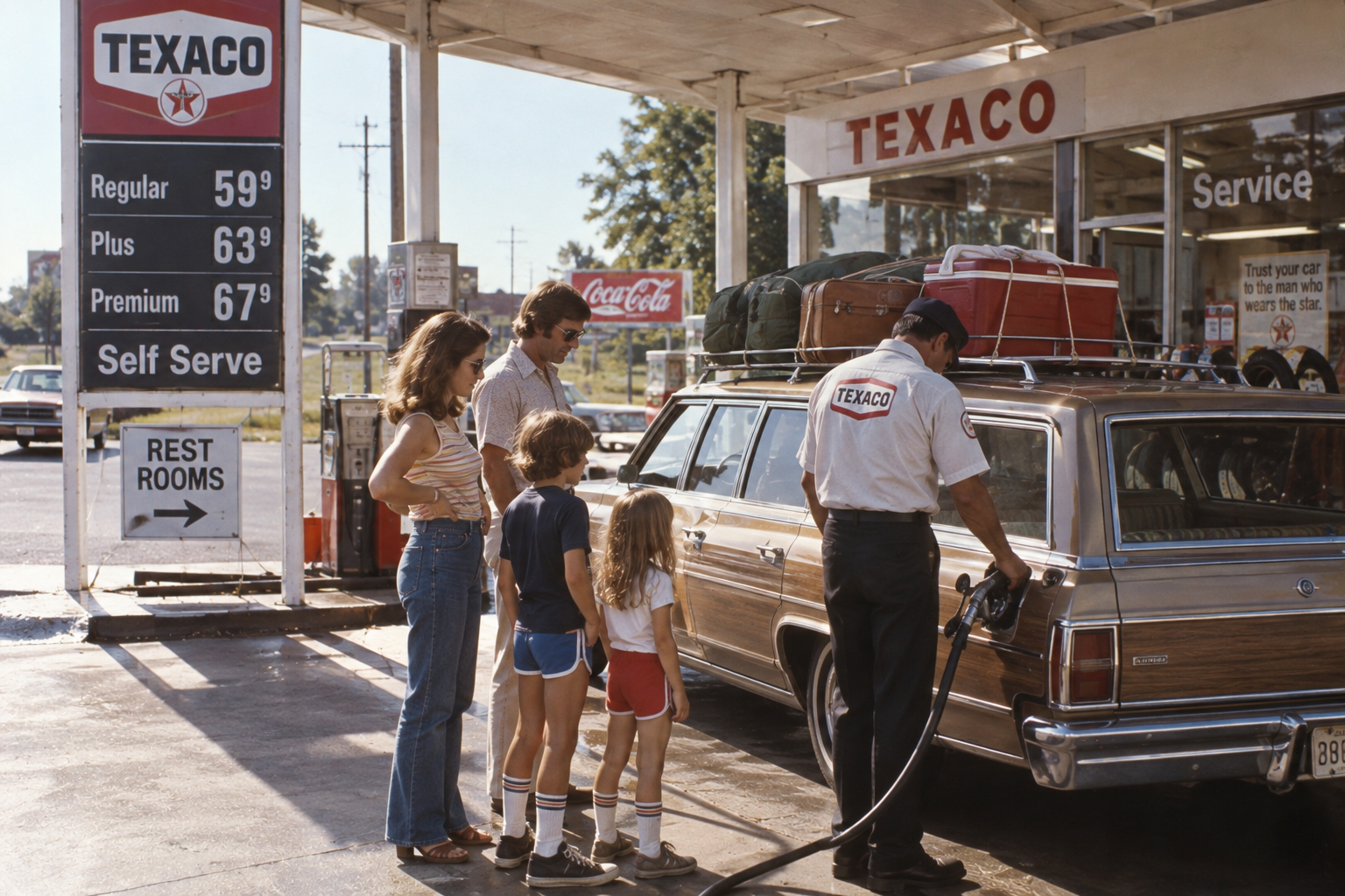 A family watches as a Texaco gas station attendant fills their luggage-loaded station wagon. Gas prices are posted nearby. The scene appears to be from the 1970s or 1980s.