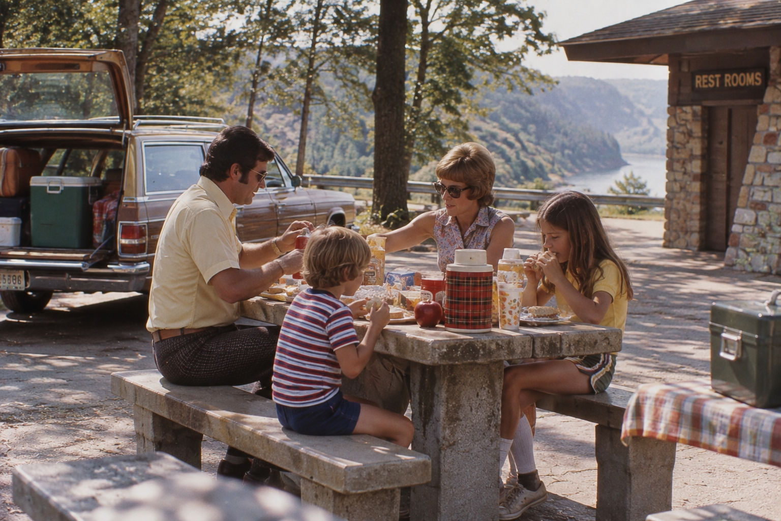 A family of four enjoys a picnic at a stone table near a scenic overlook with water and hills. Their station wagon is parked nearby, and a building labeled “Rest Rooms” is in the background.