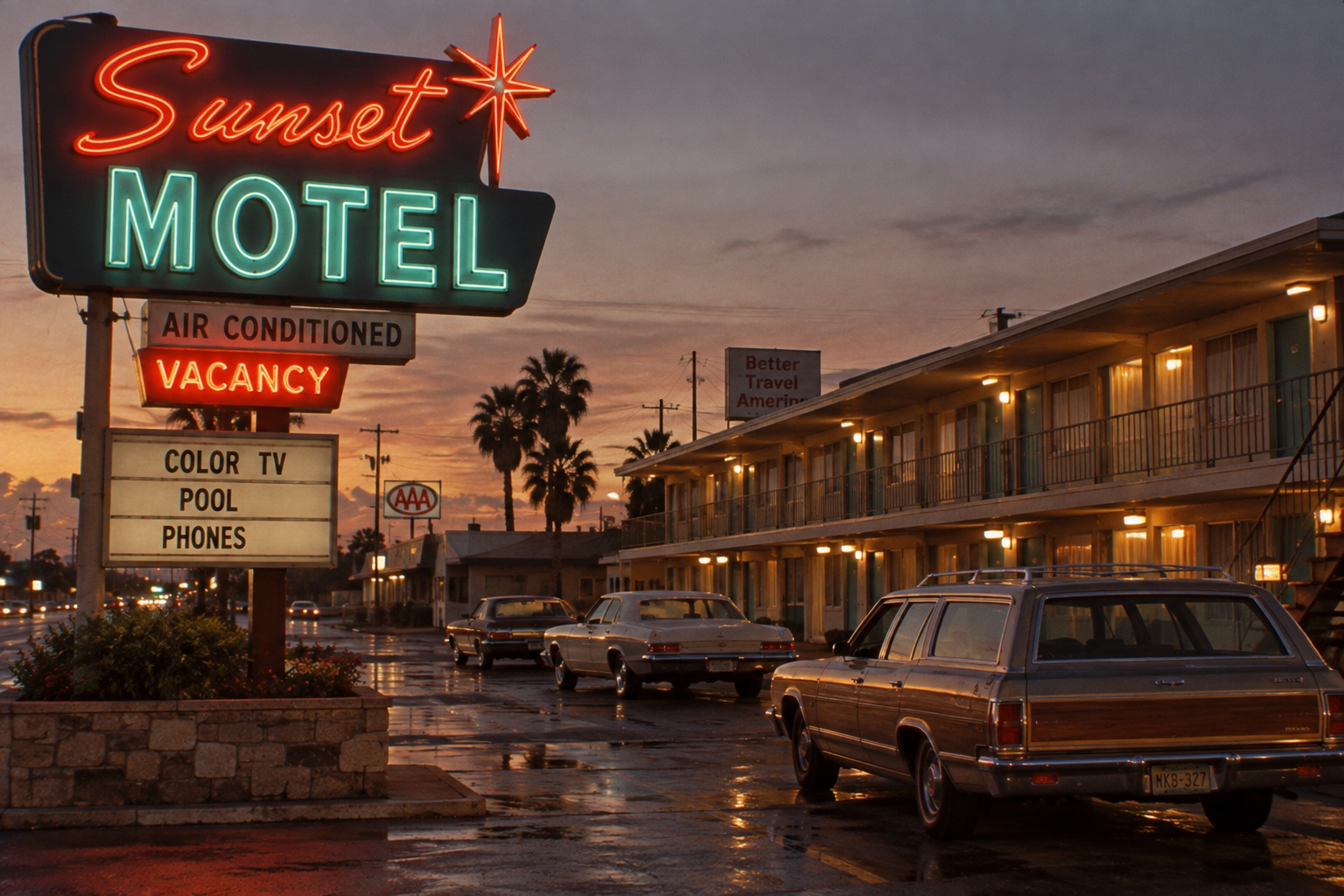 A neon Sunset Motel sign glows at dusk, reflecting on wet pavement beside a classic station wagon and other vintage cars parked outside a two-story motel. Palm trees and a cloudy sky are in the background.