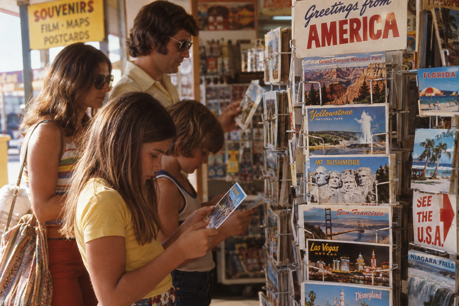 A family browses a souvenir postcard rack at a shop, looking at colorful cards with various U.S. destinations. Signs for souvenirs, film, maps, and postcards are visible in the background.