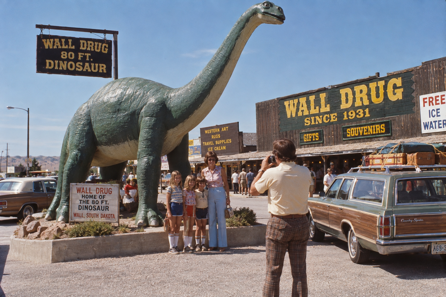 A man photographs a family posing by an 80-foot dinosaur statue outside Wall Drug in South Dakota. Cars and Wall Drug signs advertising gifts and souvenirs are visible in the background.