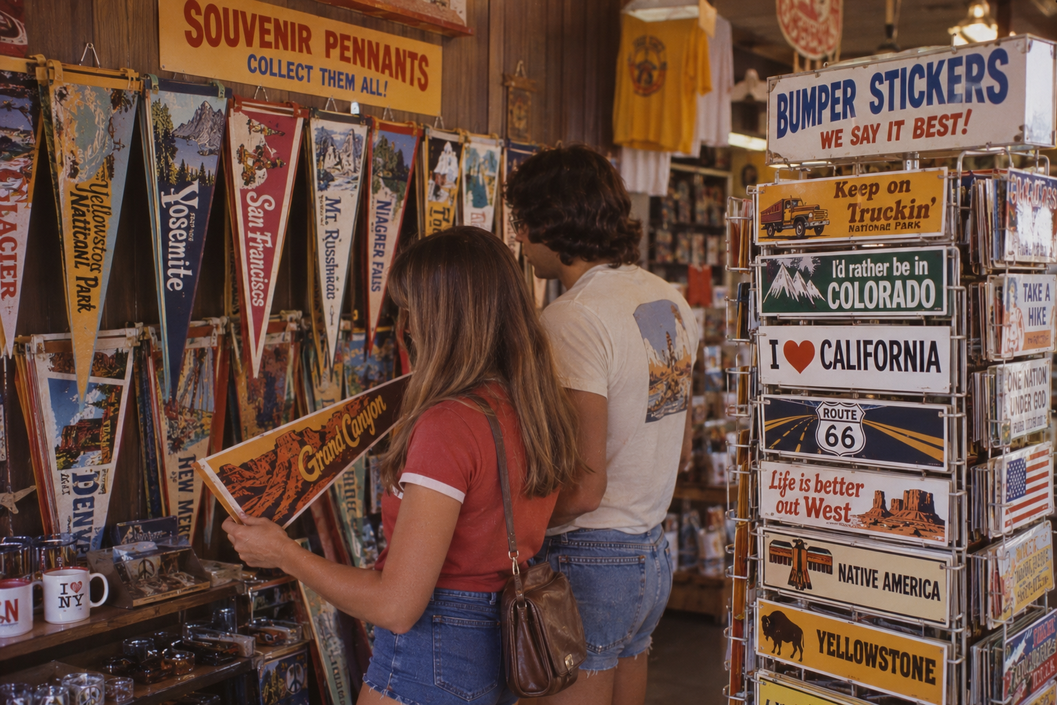 Two people browse souvenir pennants in a gift shop filled with banners and bumper stickers for various U.S. parks and routes. A tall display holds colorful stickers with travel-themed sayings and state names.
