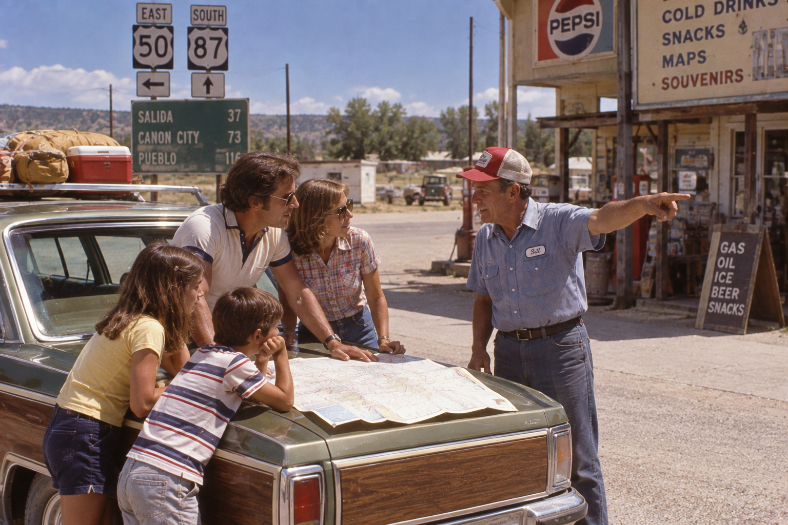 A family leans on their car studying a map while a man in a cap points, giving directions outside a rural roadside store with signs for snacks, souvenirs, and gas. 1970s road trip.