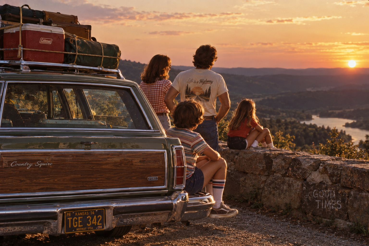 A family stands by a vintage station wagon, watching the sunset over a scenic valley. Luggage is strapped to the car roof. The group includes two adults and two children, all facing the sun.