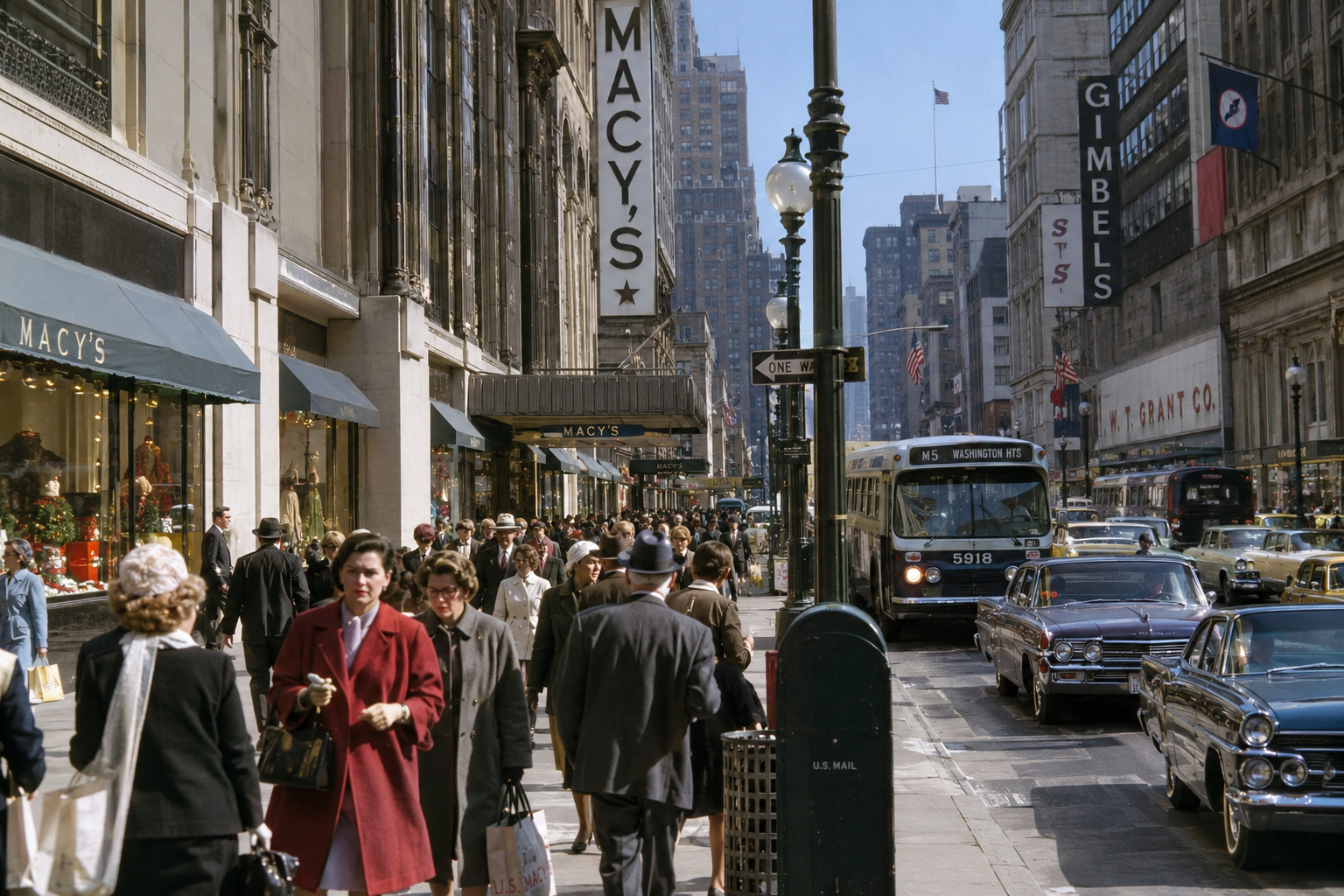 A busy city street scene shows people walking past Macy’s, classic cars, and a bus. Tall buildings and store signs, including Gimbels, line the avenue on a clear day. American city life in the 1960s.