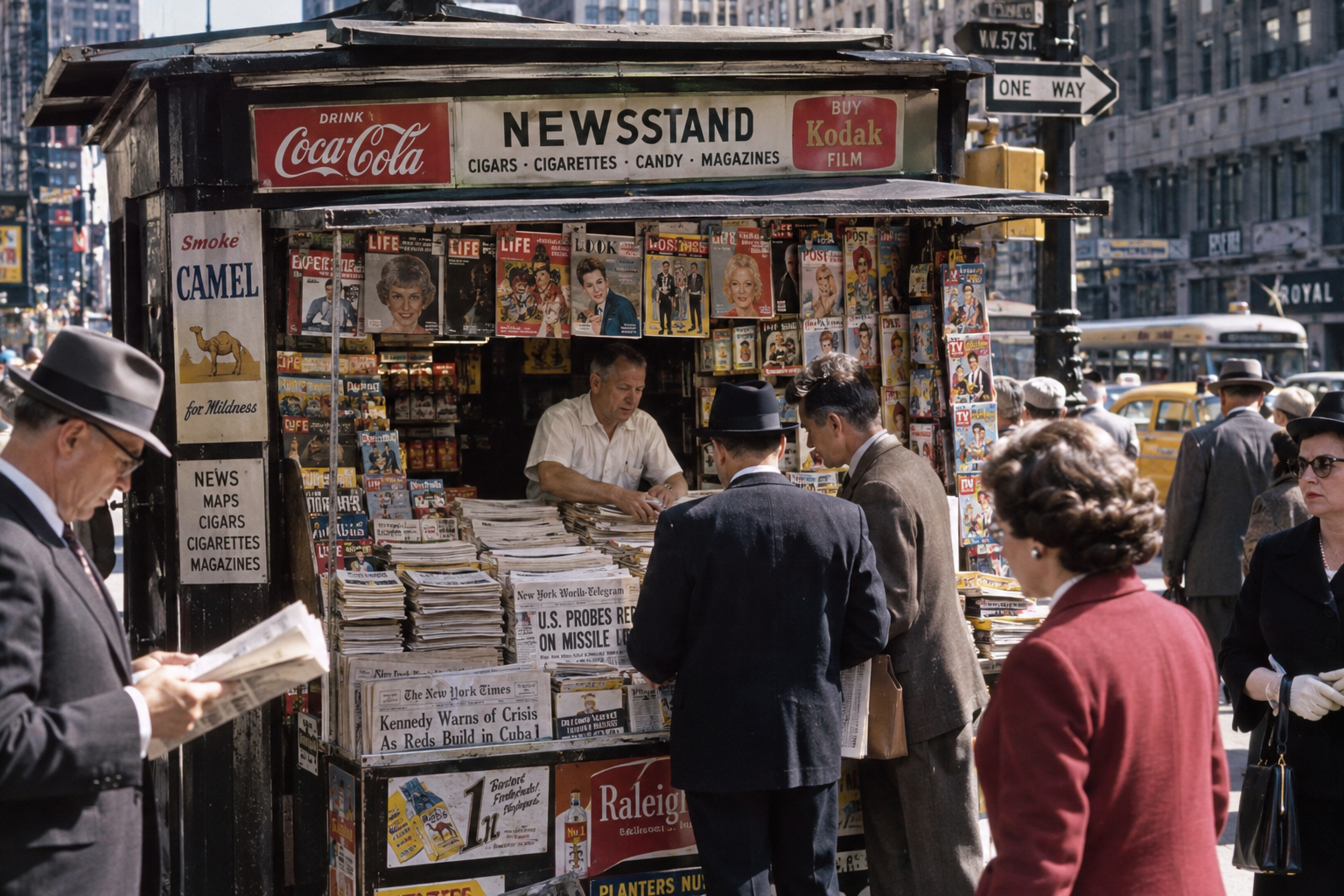 A busy city street scene from the 1960s shows people in suits and hats gathering at a newsstand filled with magazines, newspapers, and advertisements, with buildings and traffic in the background.