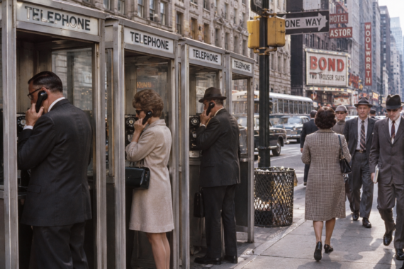 People use public phone booths on a busy city sidewalk. Men and women in formal attire talk on phones, while others walk by. City buildings and street signs are visible in the background.