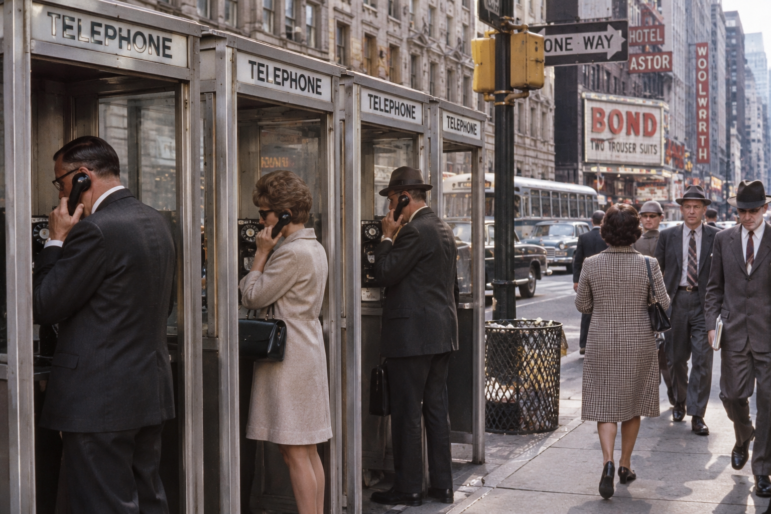 People use public phone booths on a busy city sidewalk. Men and women in formal attire talk on phones, while others walk by. City buildings and street signs are visible in the background.