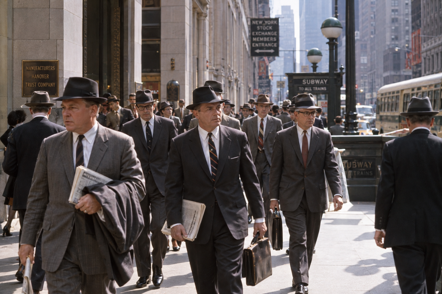 Men in suits and hats walk on a busy city sidewalk near the New York Stock Exchange entrance and a subway station in New York City, likely in the mid-20th century. Many carry newspapers and briefcases.