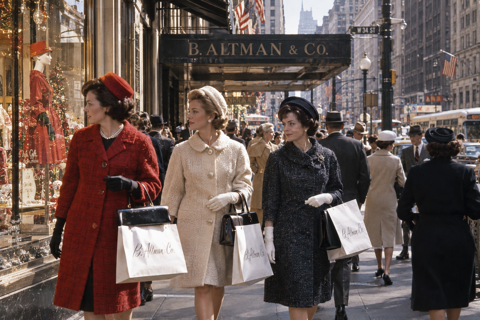 Three women in stylish 1960s coats and hats carry shopping bags on a busy city sidewalk outside B. Altman & Co., looking at a decorated store window. Numerous pedestrians and tall buildings line the street.