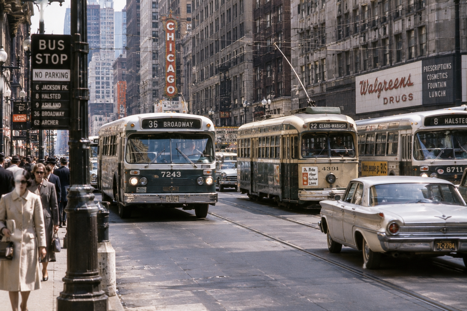 A busy Chicago street in the 1960s with buses, streetcars, vintage cars, and people walking. Visible signs include “Chicago,” “Walgreens Drugs,” and “BUS STOP.”