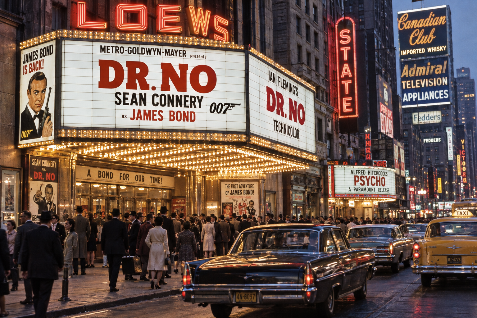 Vintage city street scene at night with crowds, classic cars, and bright theater marquees advertising Dr. No and Psycho. Neon signs light up surrounding buildings.