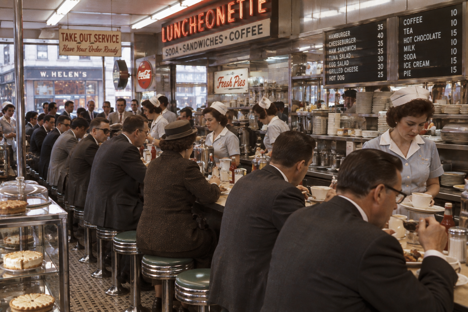 A busy 1950s diner with people sitting at a counter, eating and drinking. Waitresses in uniforms serve food. Pies are displayed in the foreground; a large menu hangs above. The atmosphere is lively and crowded.