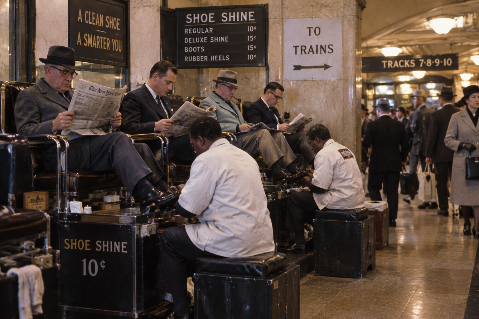 Four men in suits sit on chairs having their shoes shined by attendants. All are reading newspapers. Signs show prices for shoe shines. People walk in the background toward train tracks inside a busy station.