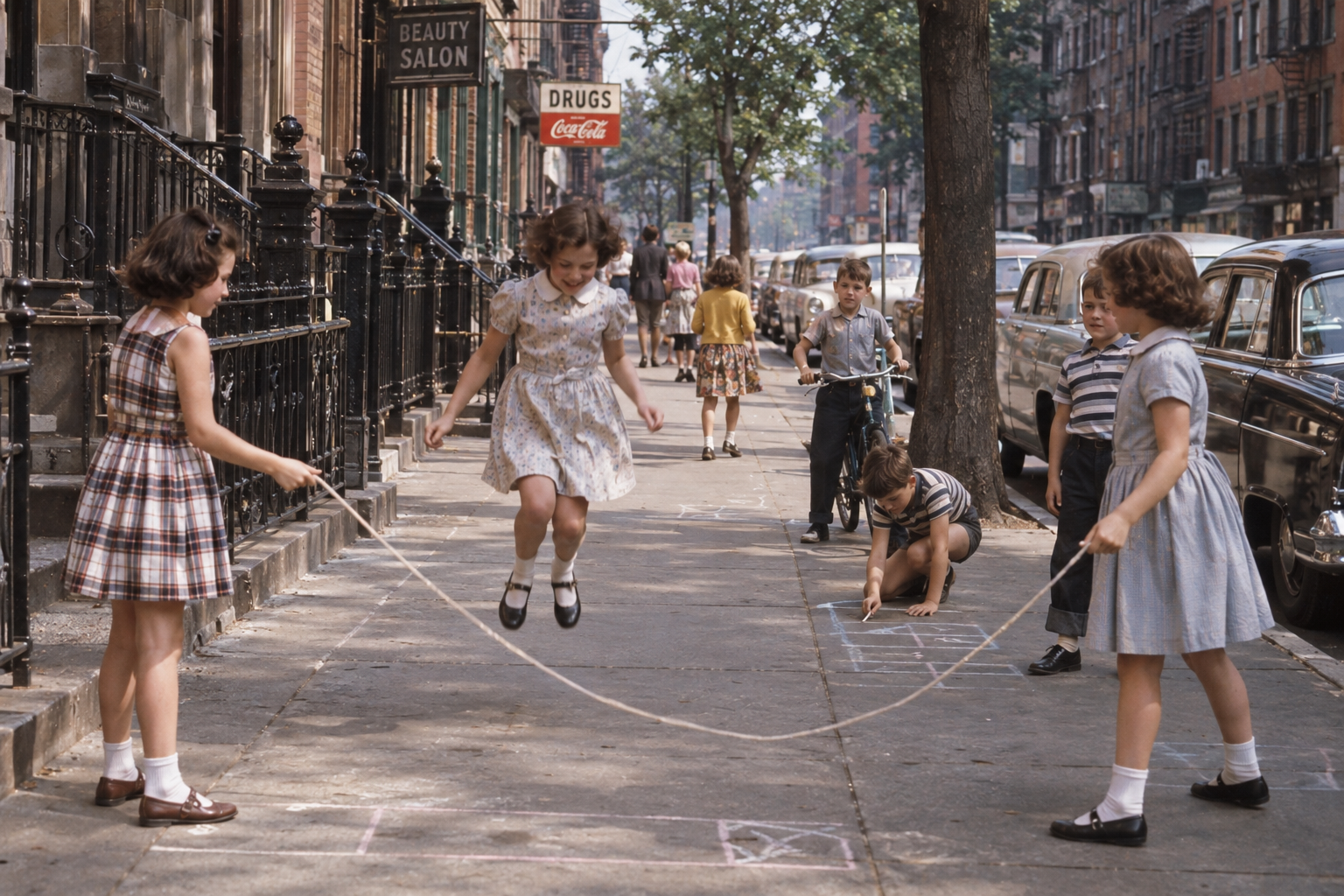 Children play jump rope and draw with chalk on a city sidewalk lined with parked cars and old buildings, evoking a lively mid-20th-century urban neighborhood scene.