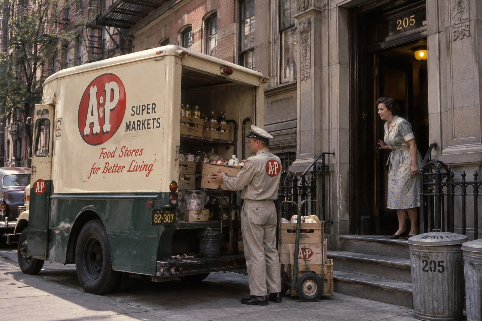 A delivery man in a uniform unloads groceries from an A&P Super Markets truck on a city street as a woman waits at the door of a brownstone building marked 205. American city life in the 1960s.