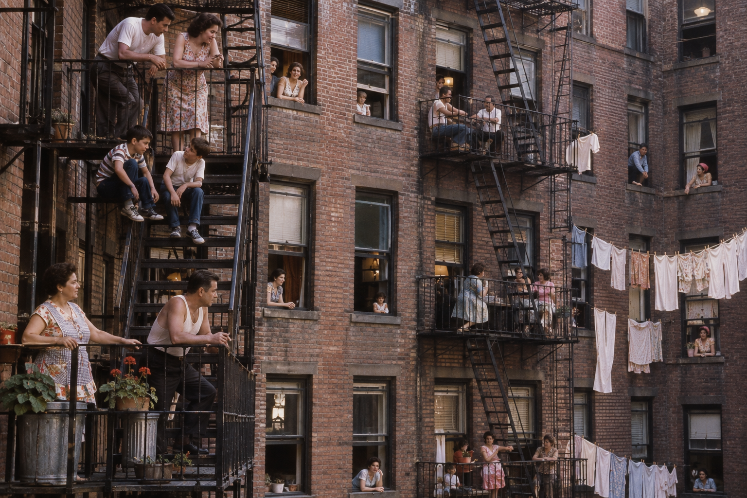 Residents gather on fire escapes and balconies of a brick apartment building, watching activity below. Laundry hangs on clotheslines, and many people look outward, creating a strong sense of community.
