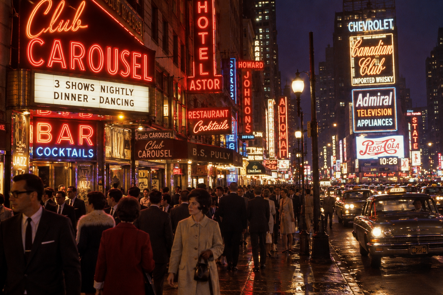 Crowds walk along a busy city street at night, illuminated by vibrant neon signs for clubs, bars, restaurants, and theaters. Classic cars line the street, reflecting the lively, colorful lights on the wet pavement.