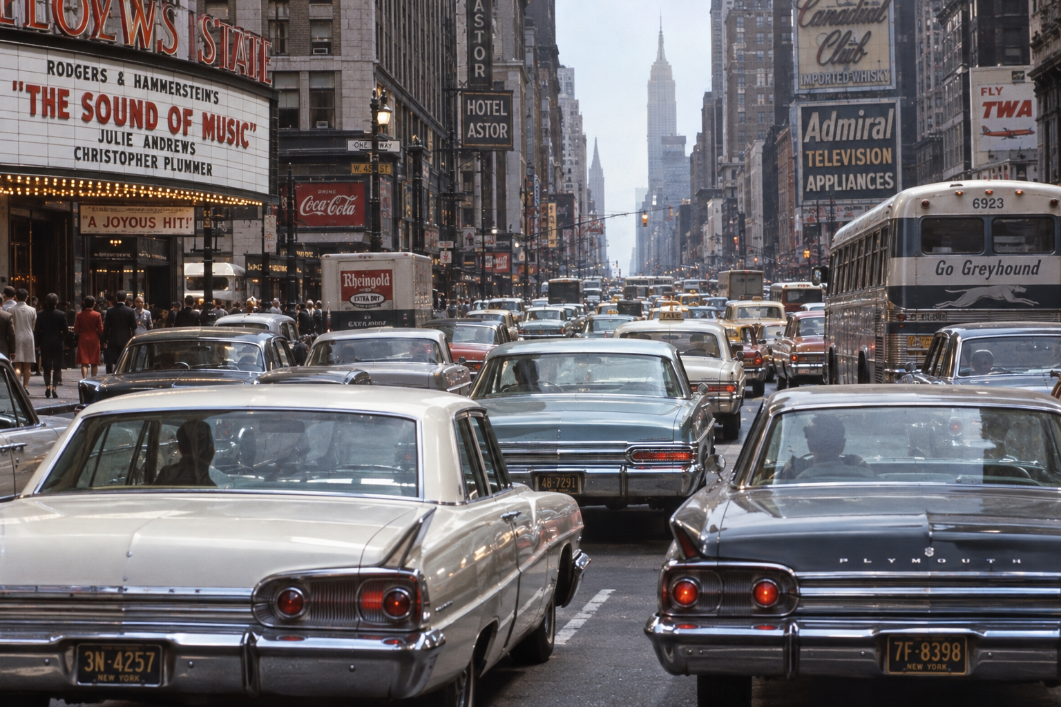 1960s New York City street packed with vintage cars, buses, and people. Movie theater marquee advertises “The Sound of Music.” Skyscrapers and the Empire State Building are visible in the background.