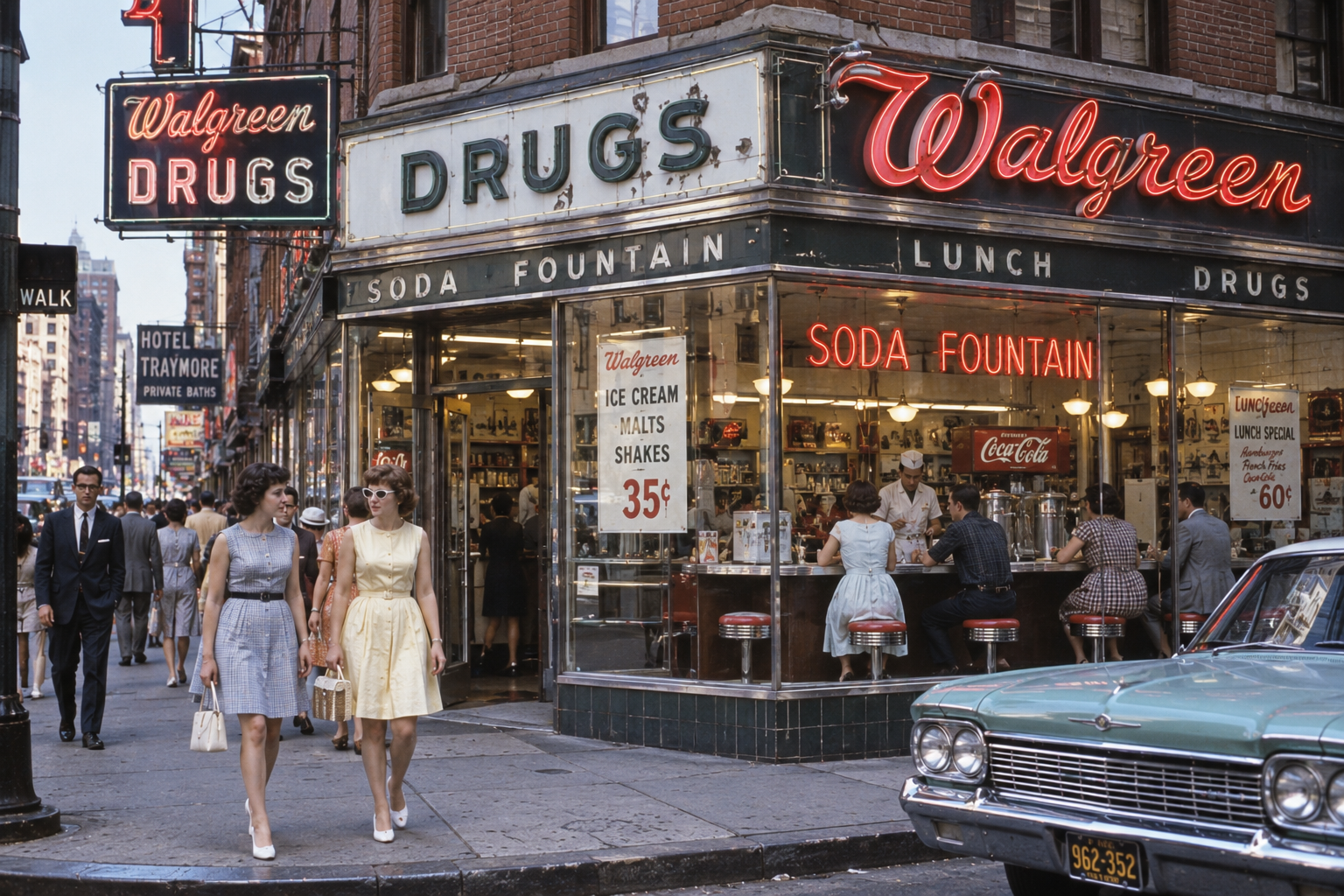 Vintage street scene shows two women walking past a Walgreen drugstore with neon signs and a soda fountain. People are seated at the counter inside. Classic cars and city buildings complete the busy urban setting.
