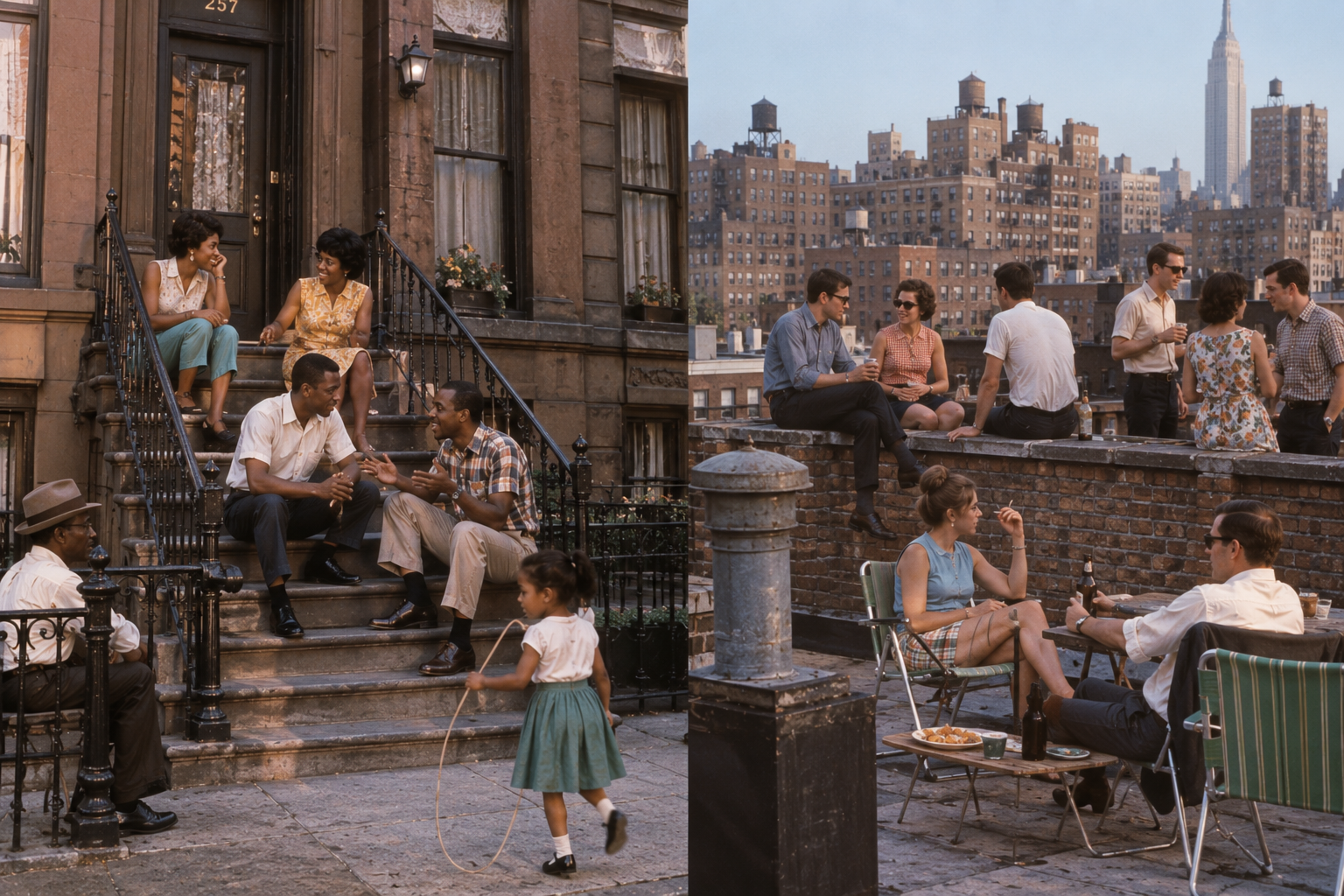 Two scenes: Left, people talk on brownstone steps as a girl skips rope. Right, groups sit and chat on a rooftop with the Empire State Building and city skyline in the background. Both depict relaxed urban social gatherings.