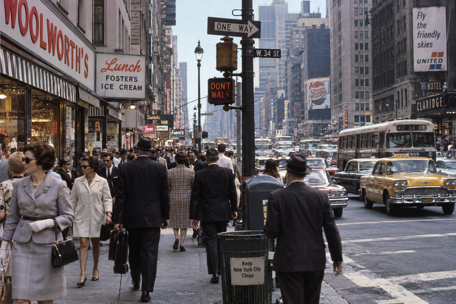 Busy 1960s city street with people in formal clothes, vintage cars, a Woolworth’s store, and traffic lights. Signs and tall buildings line the sidewalks. A trash can reads “Keep New York City Clean.”