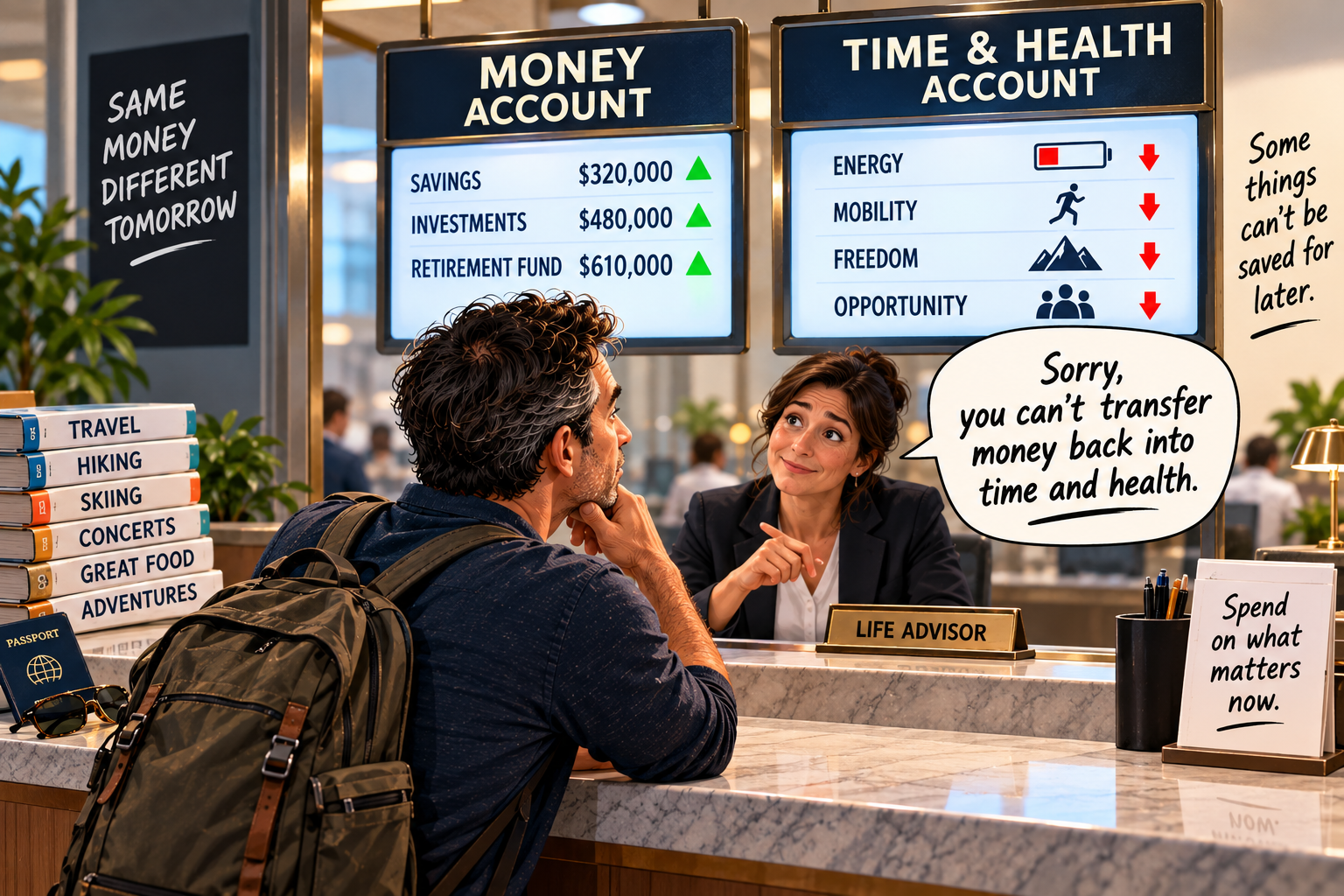 Consumer spending illustration comparing a growing money account with declining time and health