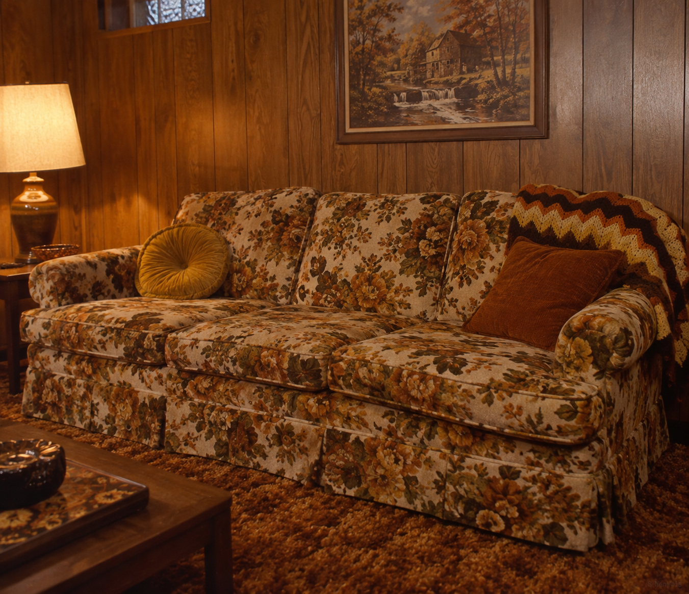 A vintage living room with a floral-patterned couch, brown and gold pillows, a crocheted blanket, wood-paneled walls, a lamp, and a painting of a rustic house by a stream.