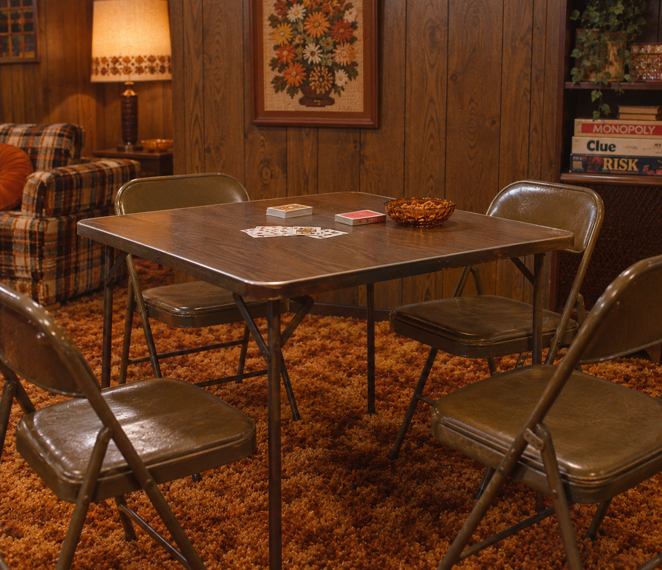A retro game room with a brown card table, four folding chairs, playing cards, snacks, a plaid couch, wood paneling, and classic board games on a shelf.