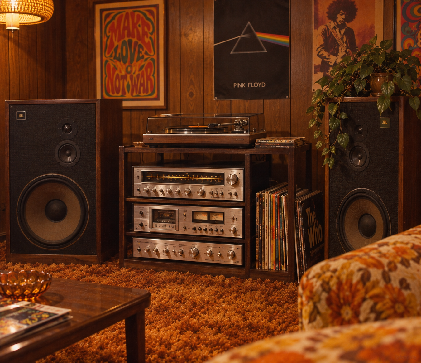 A vintage stereo system with large speakers, vinyl records, and posters on wood-paneled walls sits on orange carpet next to floral furniture and a potted plant.