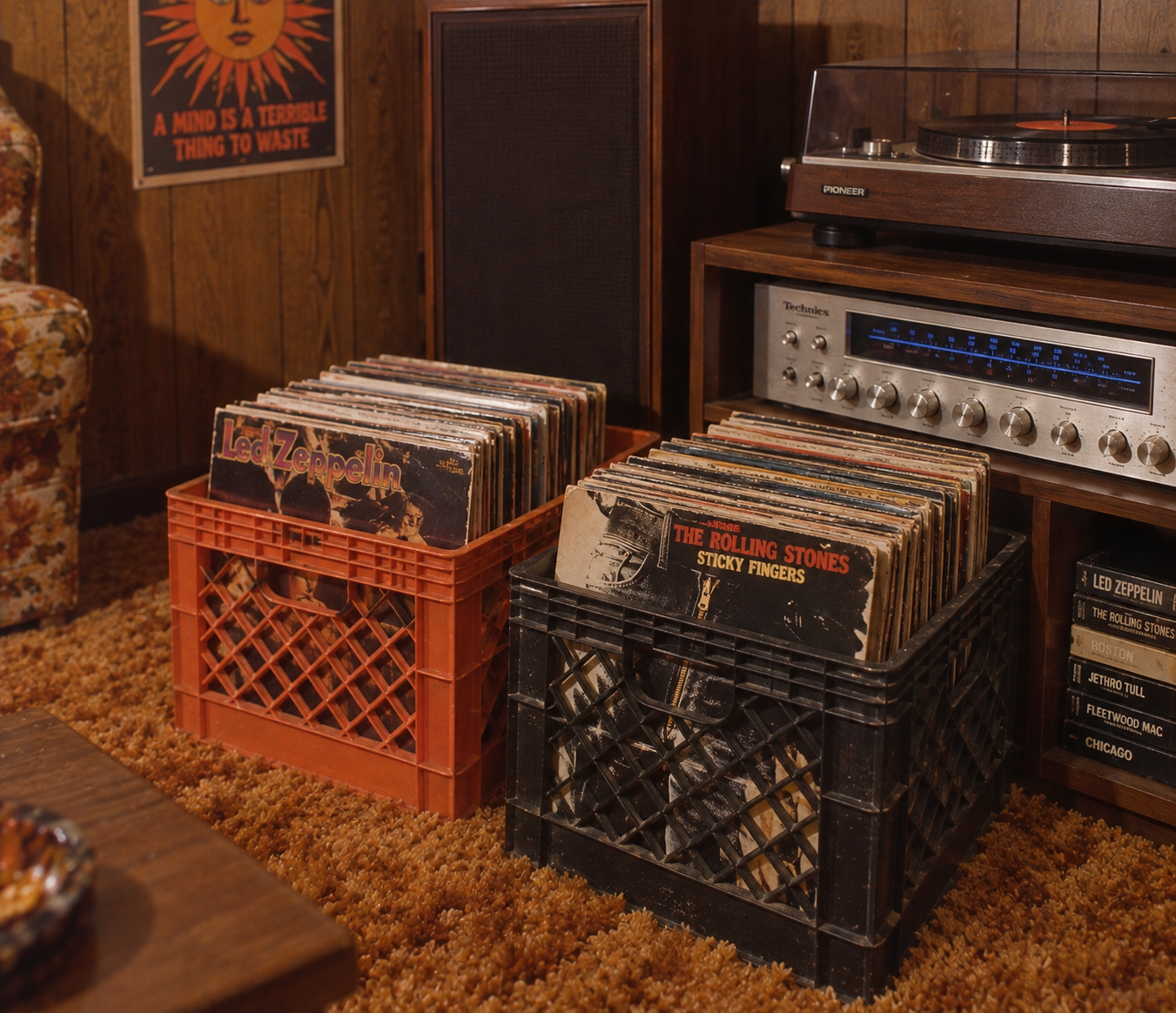 Two crates filled with vinyl records sit on shag carpet in a retro room with wood-paneled walls, a stereo system, a turntable, and a Led Zeppelin record visible in the foreground.