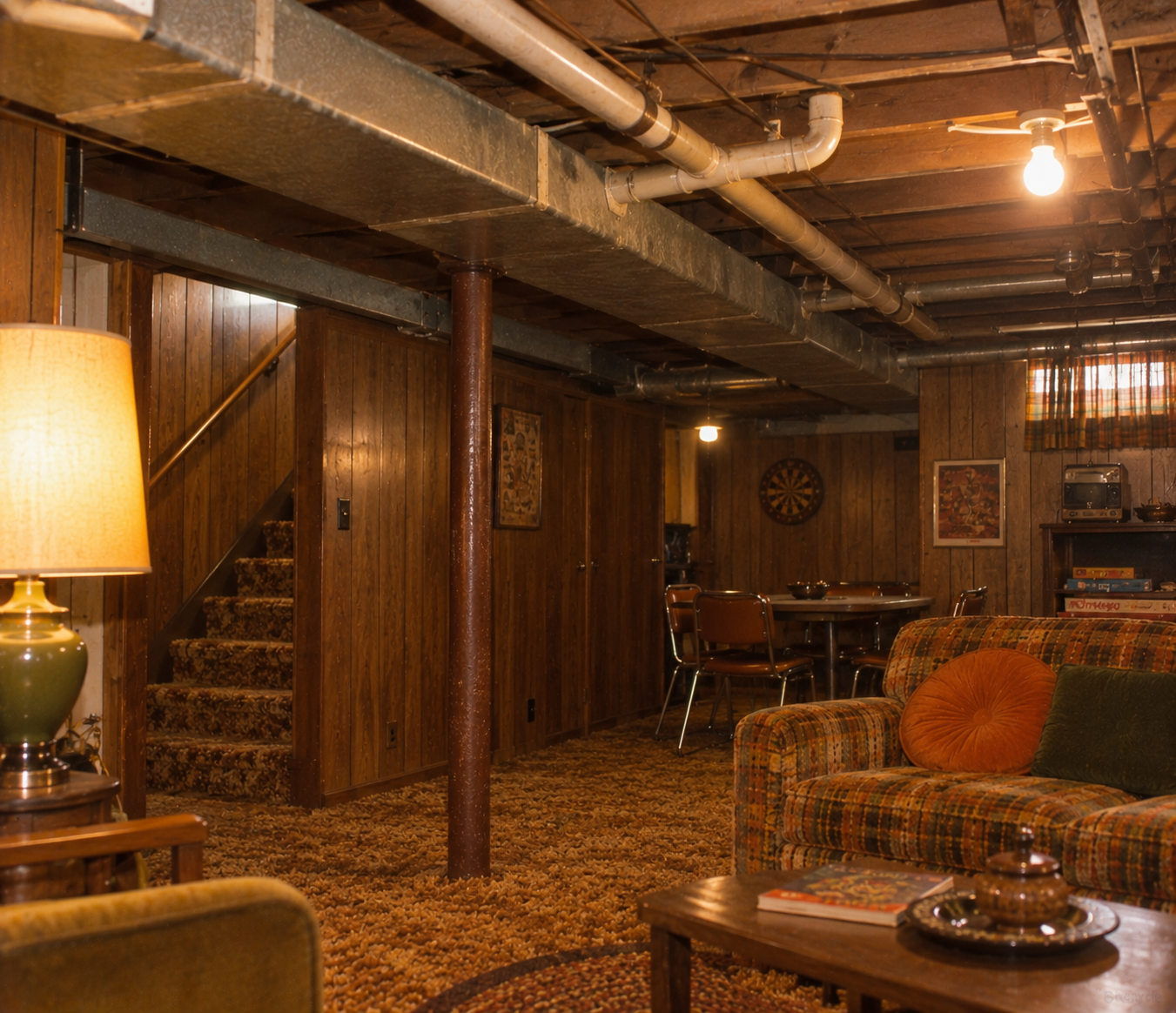 Cozy basement with wood-paneled walls, plaid couch, vintage lamp, and shag carpet. Stairs lead up, exposed pipes on ceiling. Dining table, dartboard, and shelves are visible in the background. Warm, inviting lighting.