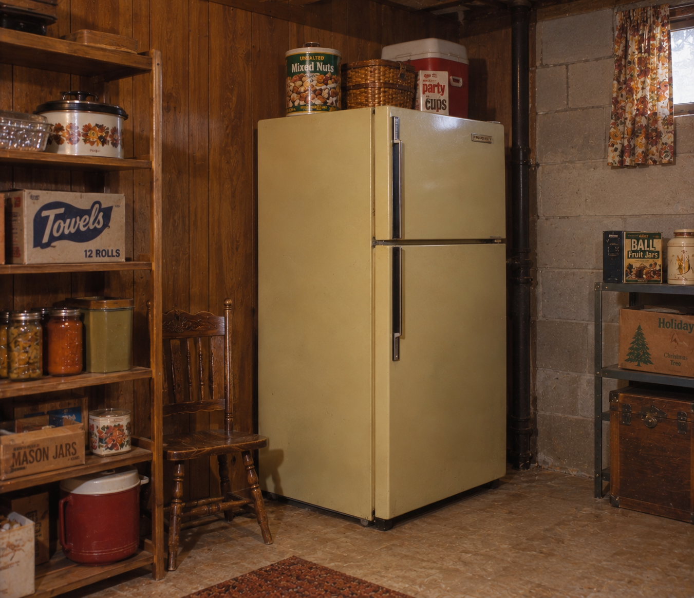 A vintage yellow refrigerator stands in a wood-paneled basement, surrounded by shelves of canned goods, mason jars, towels, and holiday storage boxes. A wooden chair sits beside the fridge.