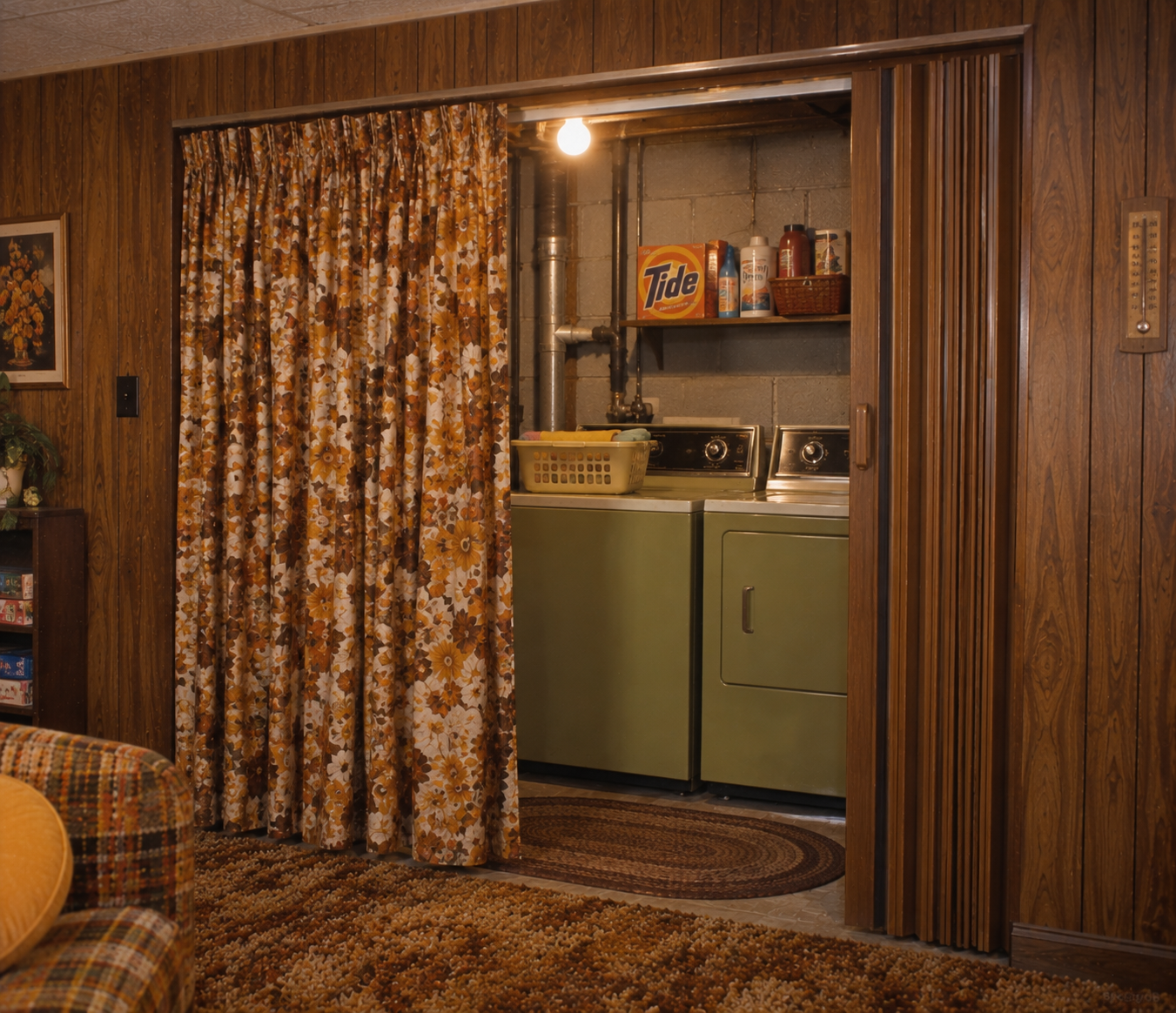 A vintage laundry area with olive green washer and dryer, yellow basket, and Tide detergent. Brown floral curtains and wood paneling surround the space; retro carpet and decor complete the look.