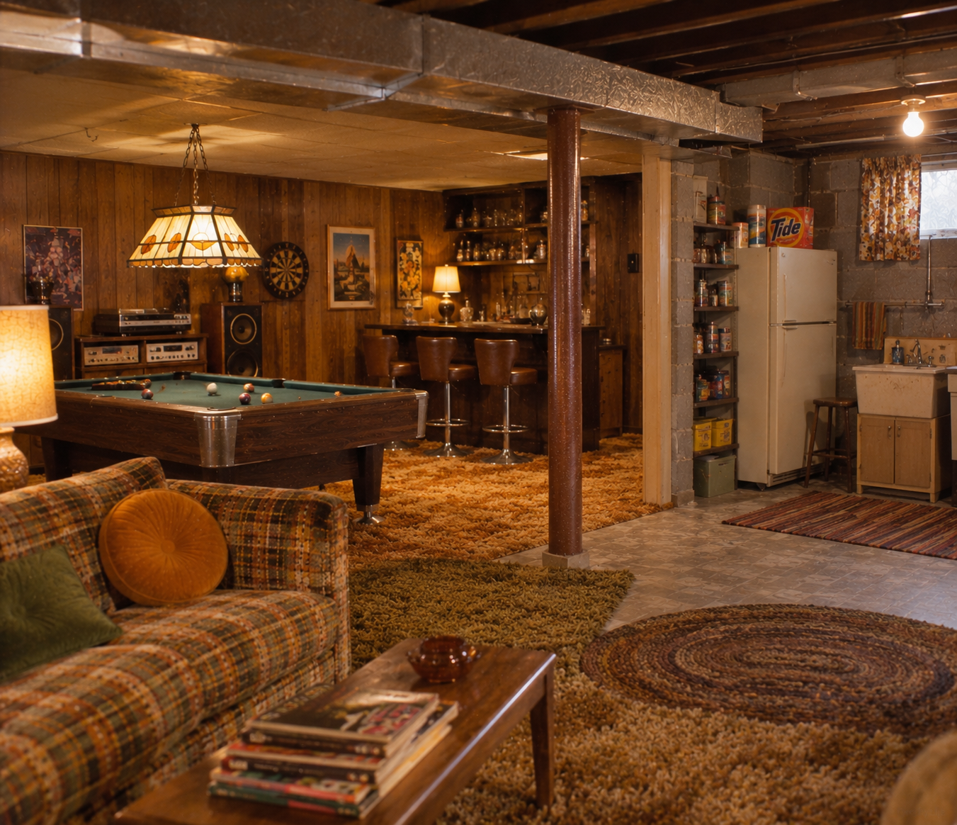 A retro basement with wood paneling, plaid couch, pool table, bar, dartboard, vintage lamps, old fridge, and shag carpet, evoking a 1970s or 1980s vibe.